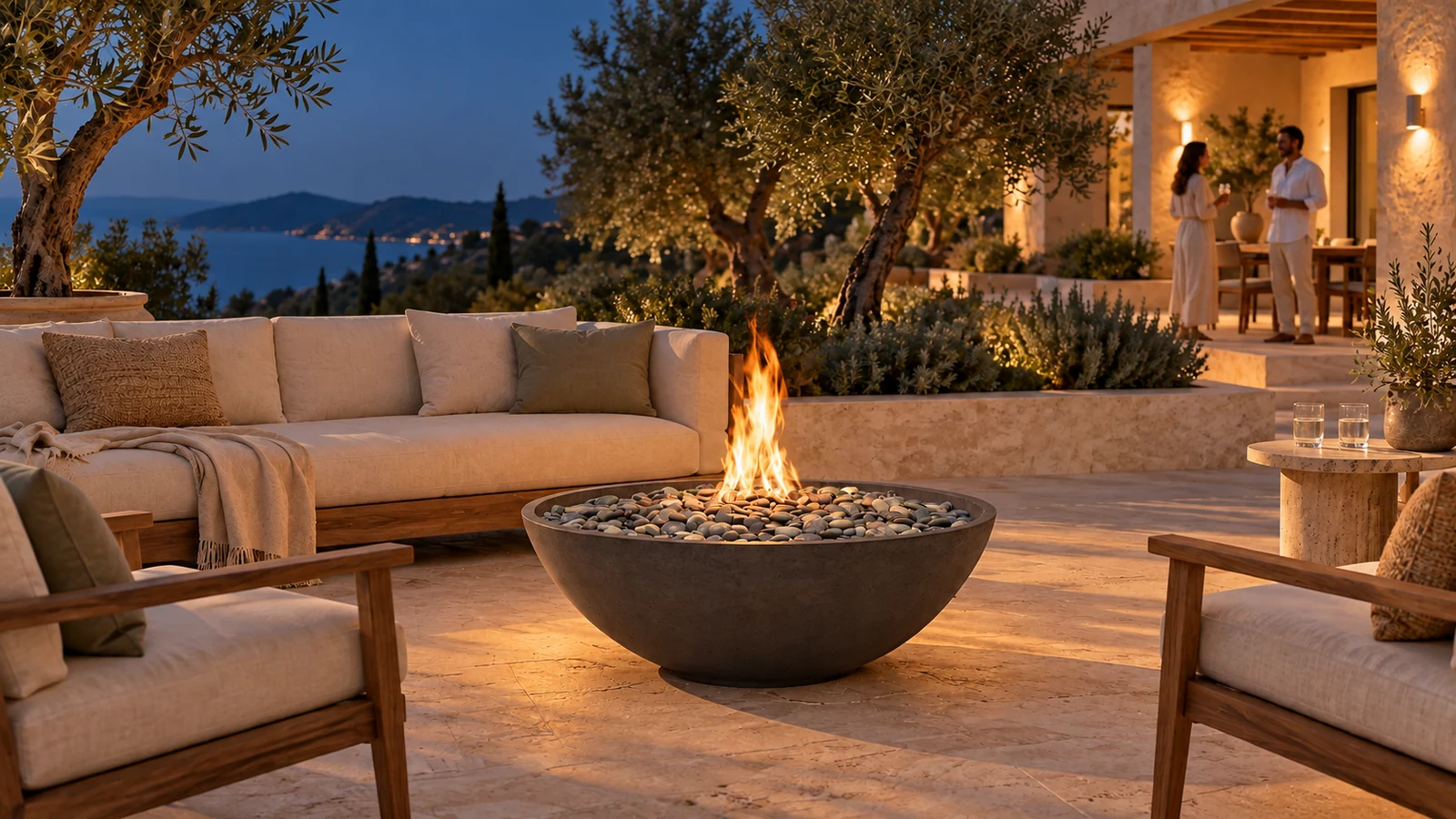 Modern Fire Pit, bahçe, akşam